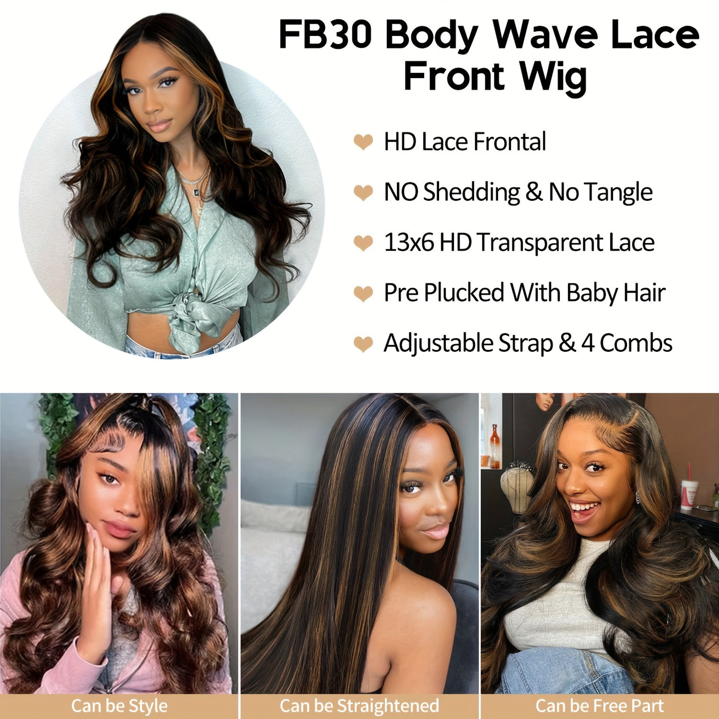 13x6 Highlight Lace Front Wig Body HD Lace Front Wigs Human Hair Pre Plucked FB/30 Ombre Glueless Wig