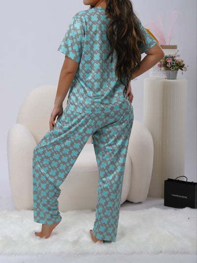 Plus Size Allover Print Casual Pants Suit