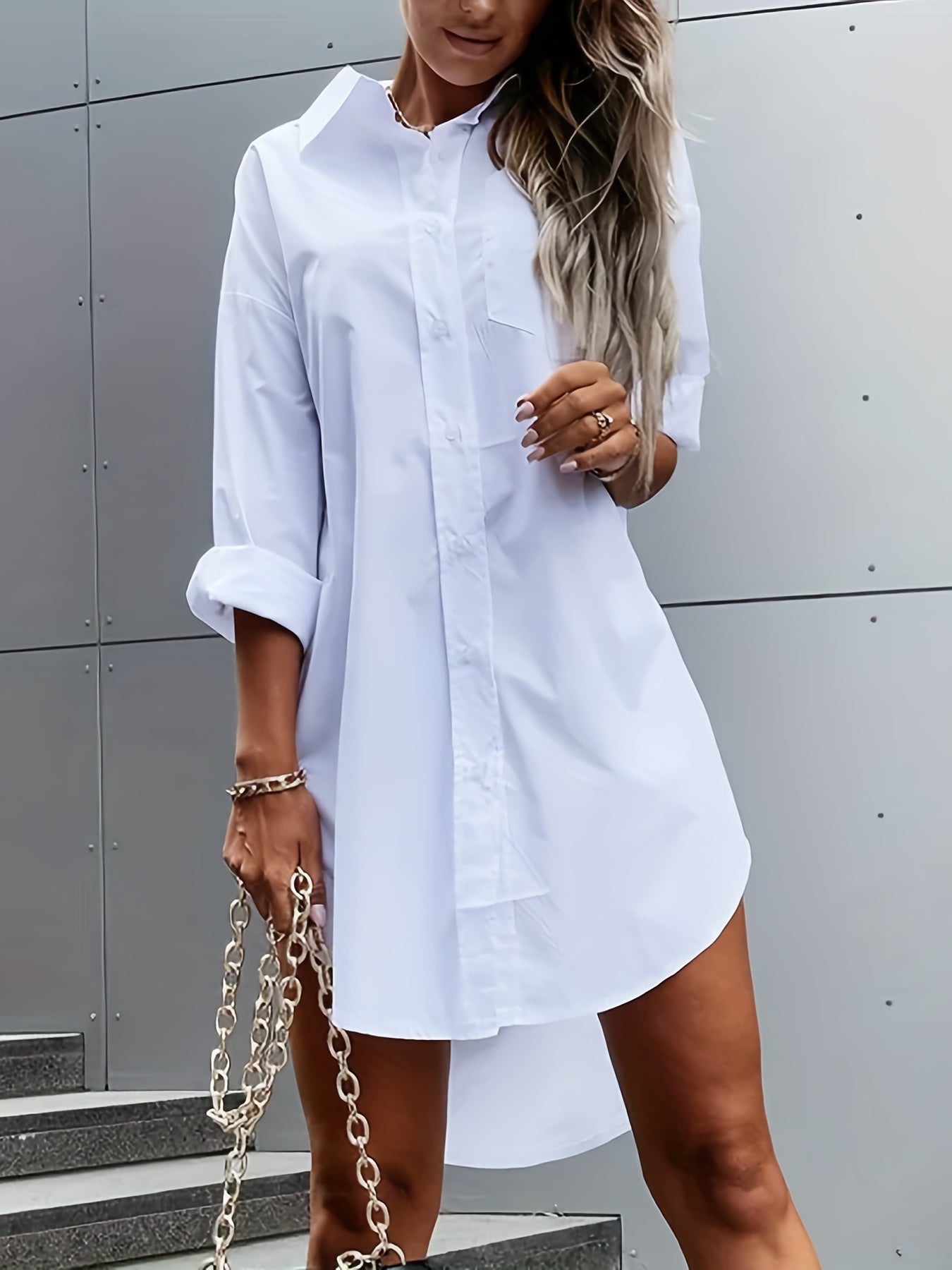 Solid Color Button Front Shirt Casual Long Sleeve Dress