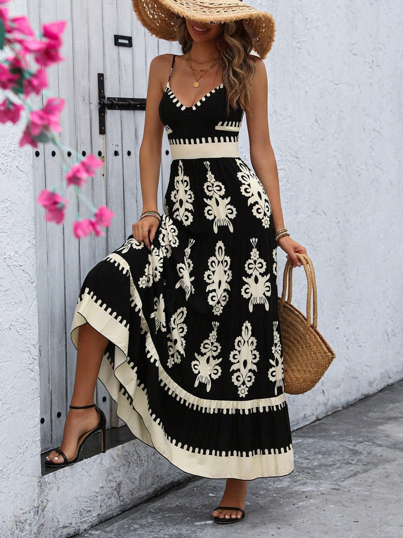 Women's Smocked Sleeveless Flowy Tribal Print Summer Boho  Maxi Dress