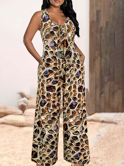 Plus Size Casual Print Sleeveless Jumpsuit with Pockets