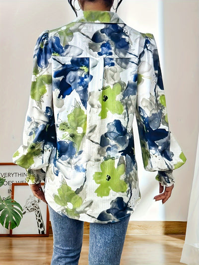 Elegant Women'S Fashion Blouse With Ink-wash Floral Print & Puff Sleeves