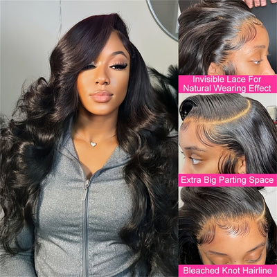 180% Density Brazillian Remy Glueless Versatile, Elegant 32" Body Wave HD Transparent Lace Front 100 % Human Hair Pre-Pluck Wig with Baby Hair