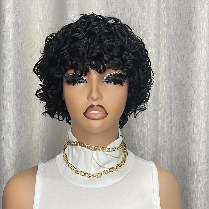 180% Density Women'S 6-inch Short Curly Wave Wig, 100% Human Hair, Non-Lace Front