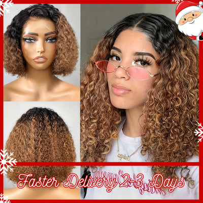 1B/33 Ombre Short Bob Wavy Human Hair Wig - 150% Density HD Invisible 13X4 Lace Frontal Pre Plucked - Bleached Knots