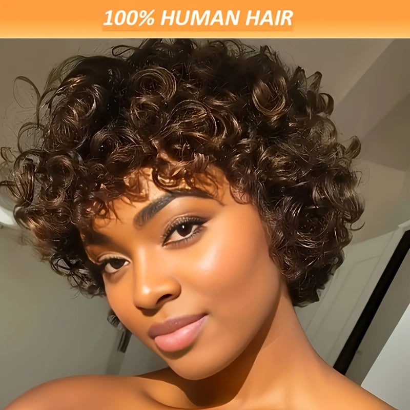 180% Density Women'S 6-inch Short Curly Wave Wig, 100% Human Hair, Non-Lace Front