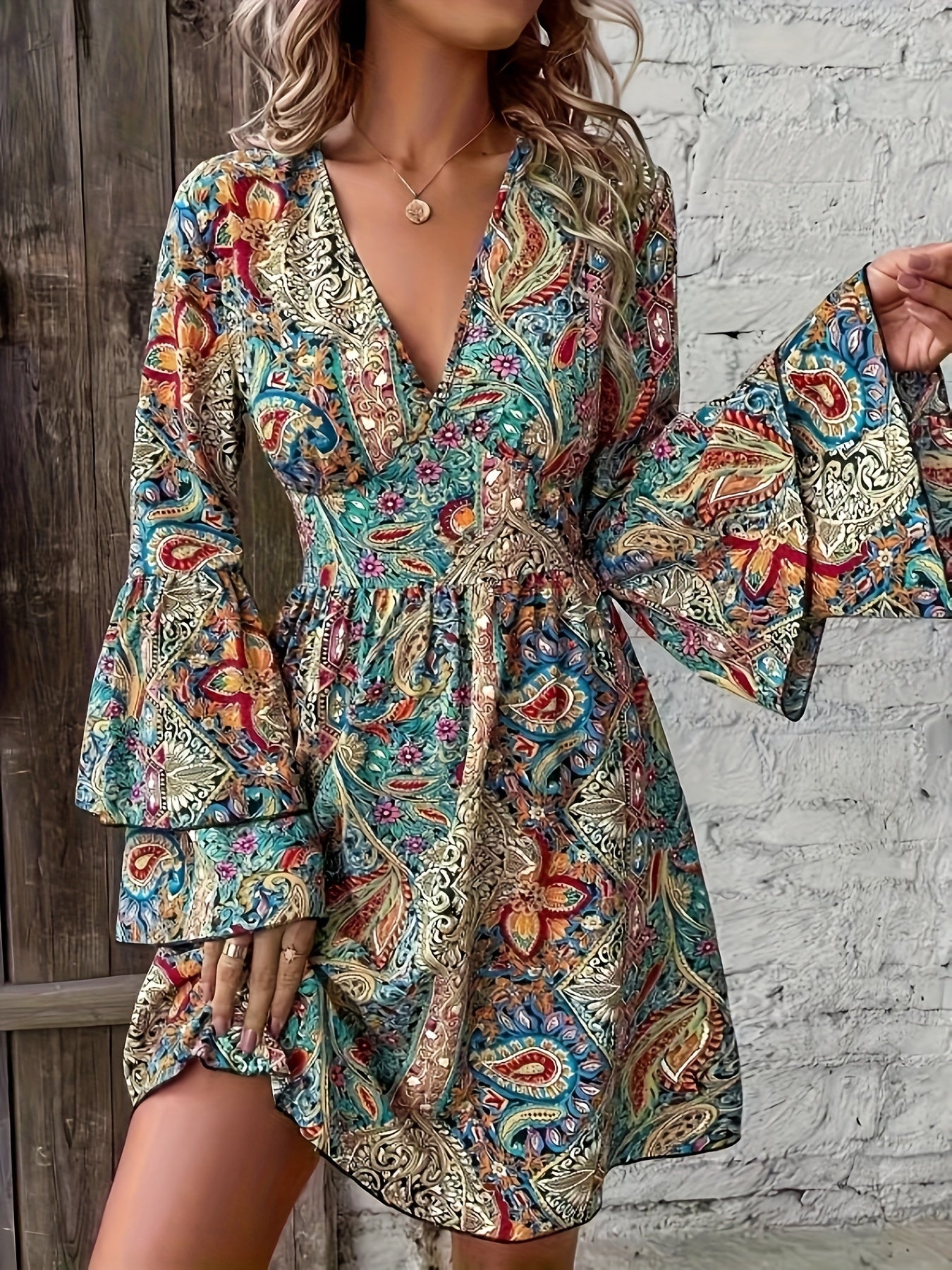 Paisley Print V Neck Elegant A-Line Dress