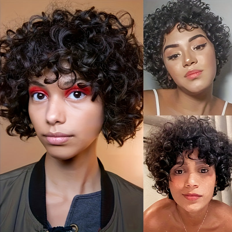 180% Density Women'S 6-inch Short Curly Wave Wig, 100% Human Hair, Non-Lace Front