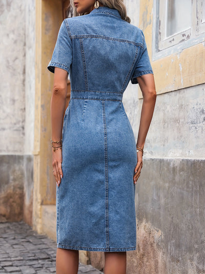 Women's Casual Plain Short Sleeve Mid-Length Denim Dress With Button Front And Elegant Silhouette