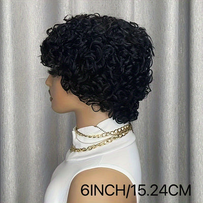 180% Density Women'S 6-inch Short Curly Wave Wig, 100% Human Hair, Non-Lace Front