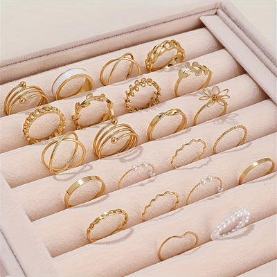 44pcs/set Of Simple And Elegant Style Stacked Rings, Leaf Flower Design Mixed with Daily Clothing, Golden And Silvery Jewelry