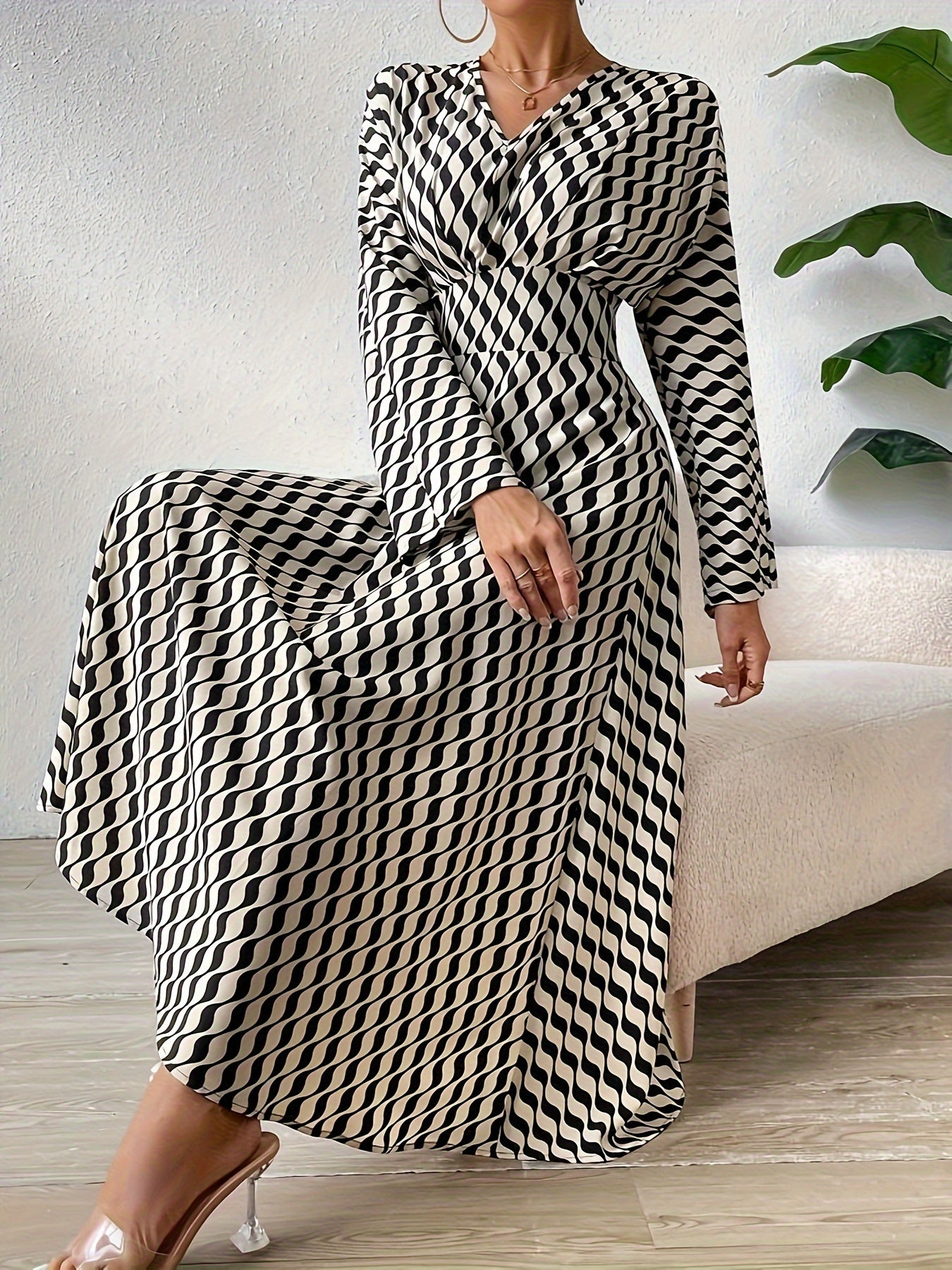 Striped Print High Waist Casual Long Sleeve Dress