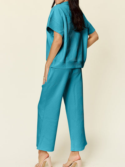 Full Size Texture Half Zip Short Sleeve Top and Pants Set