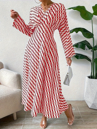 Striped Print High Waist Casual Long Sleeve Dress