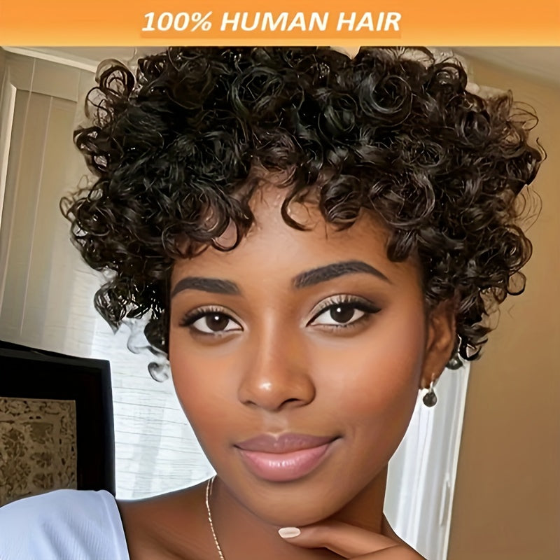 180% Density Women'S 6-inch Short Curly Wave Wig, 100% Human Hair, Non-Lace Front