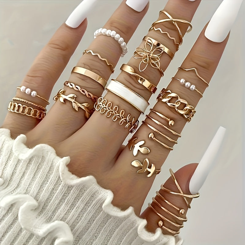 44pcs/set Of Simple And Elegant Style Stacked Rings, Leaf Flower Design Mixed with Daily Clothing, Golden And Silvery Jewelry