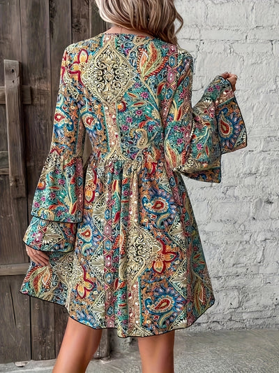 Paisley Print V Neck Elegant A-Line Dress