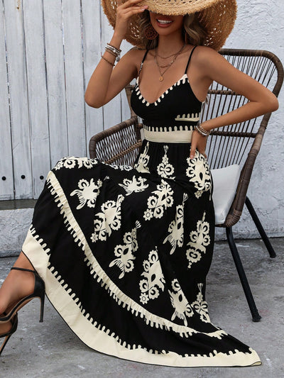 Women's Smocked Sleeveless Flowy Tribal Print Summer Boho  Maxi Dress