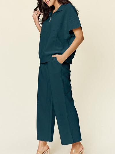 Full Size Texture Half Zip Short Sleeve Top and Pants Set