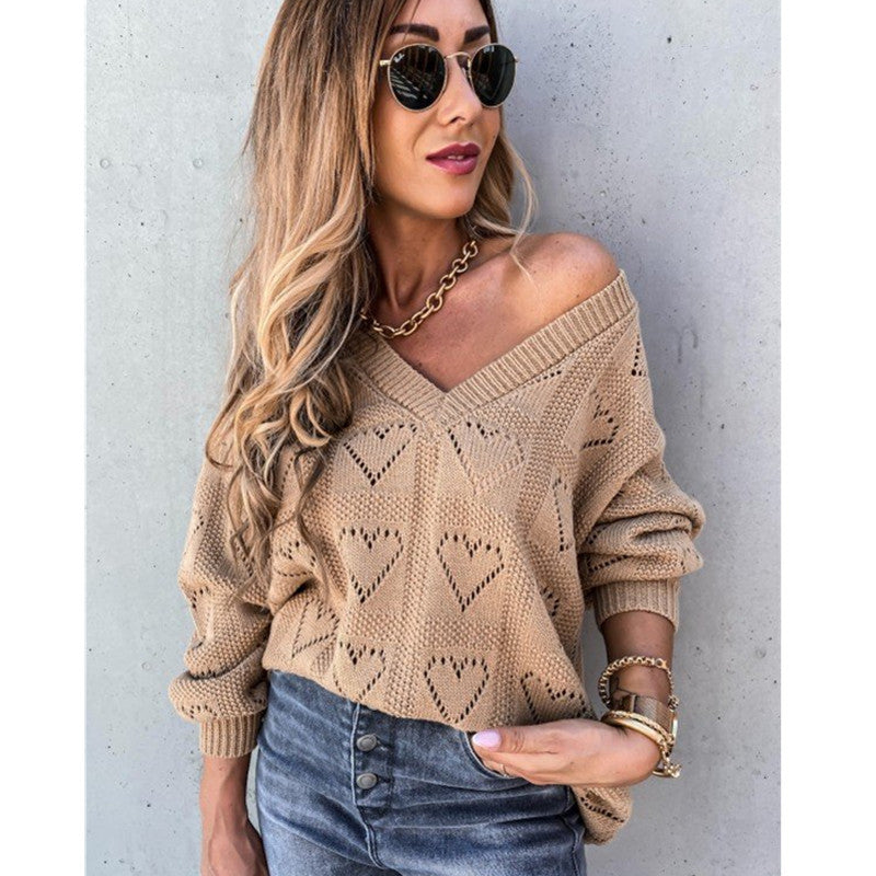 Women's autumn and winter new European and American eBay Wish solid color V neomindest hollow loose knit sweater