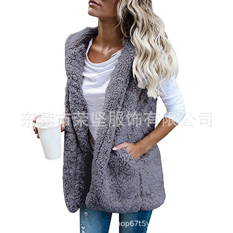 Women Cross-Border Style Plush Hooded Vest