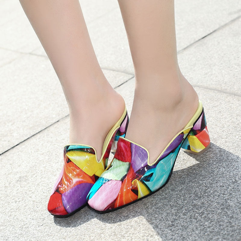 Women Mixed Colors Mules Square Heel Summer Leather Shoe