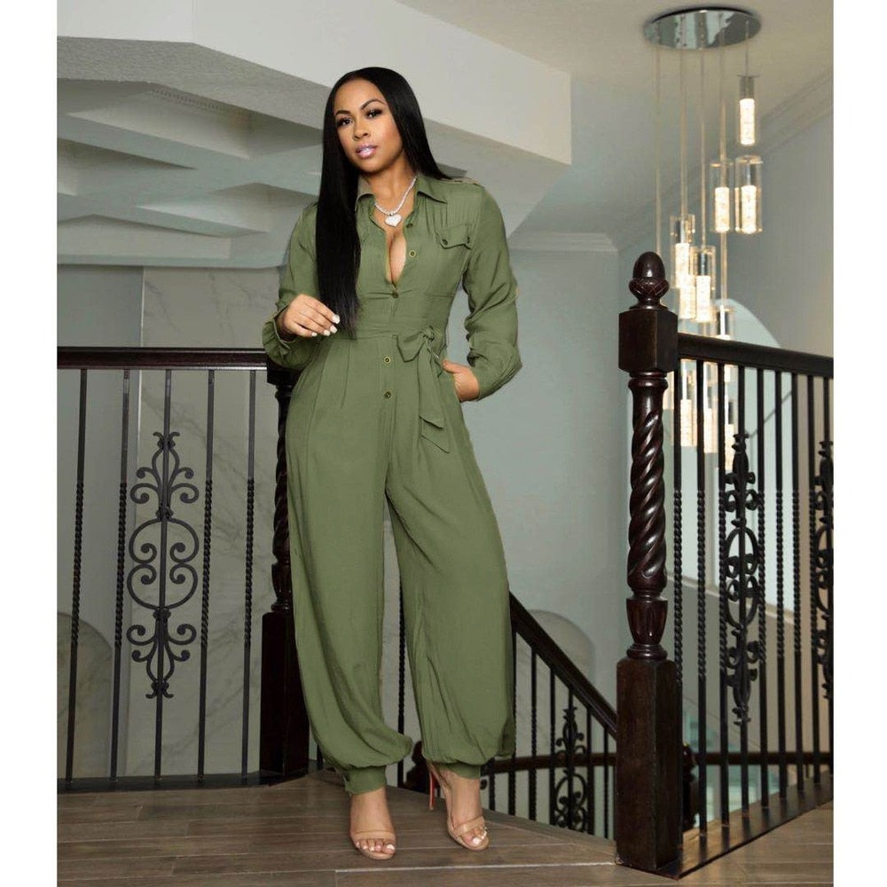 Casual Loose Women's Jumpsuit Full Sleeve Button Up Overalls With Sash