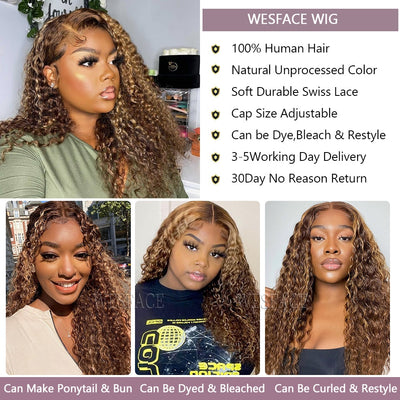 Brazilian Curly Brown Ombre Front Lace Closure Highlight Deep Curly Wigs Pre Plucked With Baby Hair T Part