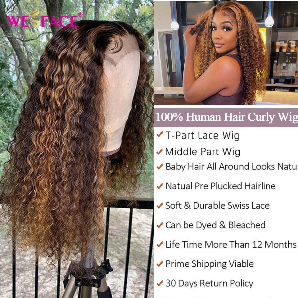 Brazilian Curly Brown Ombre Front Lace Closure Highlight Deep Curly Wigs Pre Plucked With Baby Hair T Part