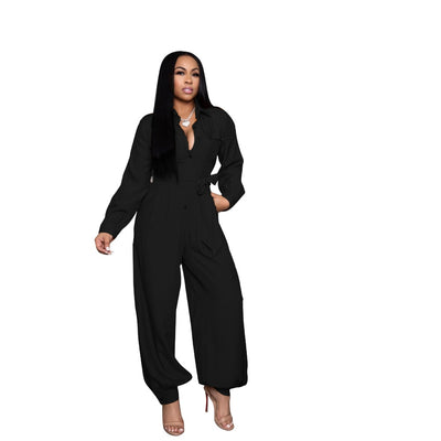 Casual Loose Women's Jumpsuit Full Sleeve Button Up Overalls With Sash