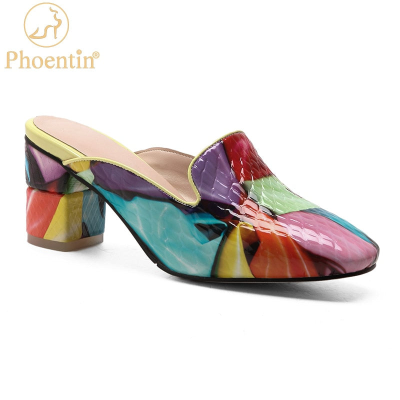 Women Mixed Colors Mules Square Heel Summer Leather Shoe
