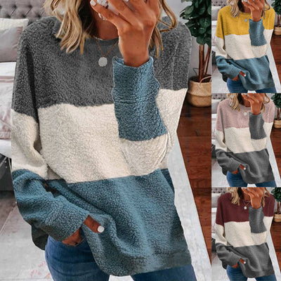 Cross-border European and American foreign trade women's clothing 2020 new wish hot sale autumn and winter plush stitching contrast coat women's sweater