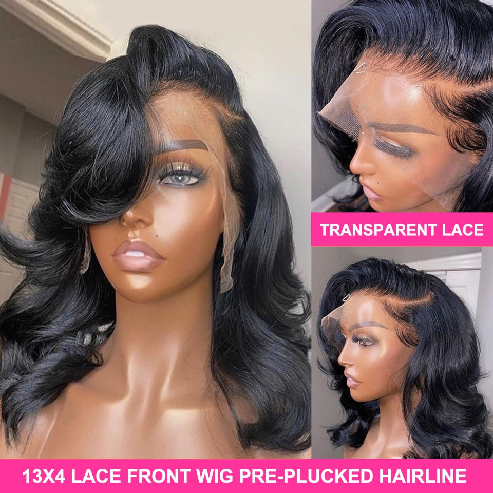Brazilian Body Wave Short Bob 4x4 Closure Wig Transparent 13x4 Lace Front Human Hair Wigs - preplucked
