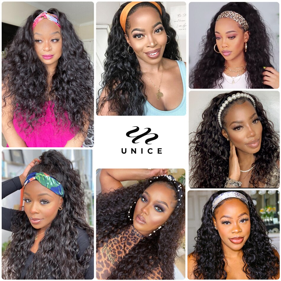 Unice Hair Headband Wig Water Wave Glueless Human Hair Wigs With Pre-attached Headband Natural Color 150% Density 10-18inch