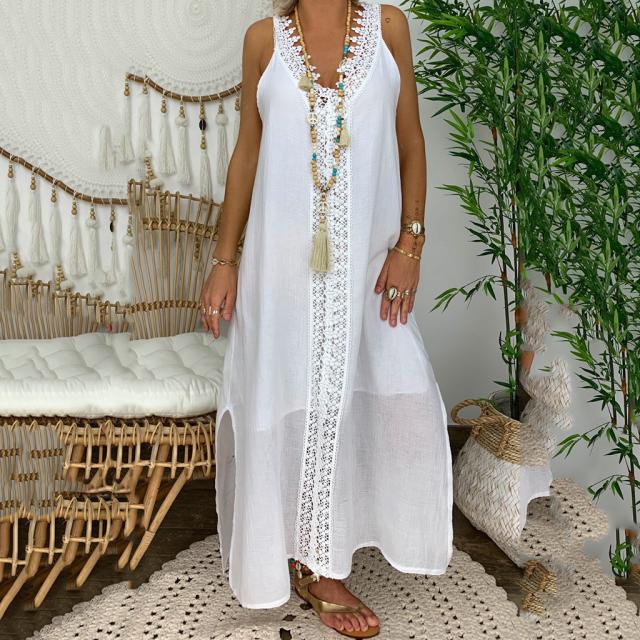 Summer Lace Cotton Long  V-neck Sleeveless White Casual Dress
