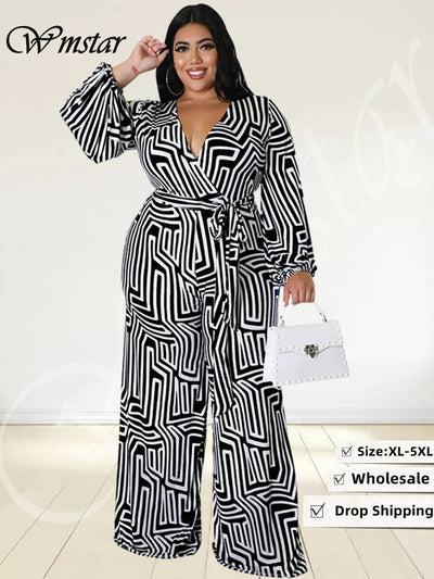 Plus Size Women Print Jumpsuit Summer One Piece Printed Lace Up Casual Wide Leg