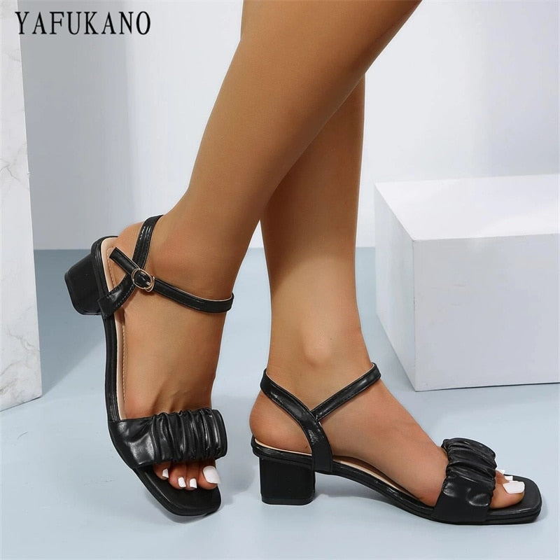Women Summer Ruched Chunky Heeled Ankle Strap Sandals