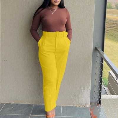 Lady Solid Casual Sashes Pencil Trousers in Plus Size