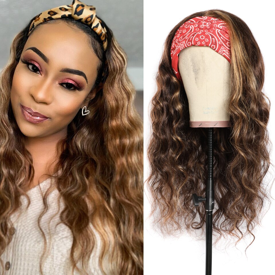 Ombre Highlight Headband Human Hair Wig - 100% Remy Hair Brown Color