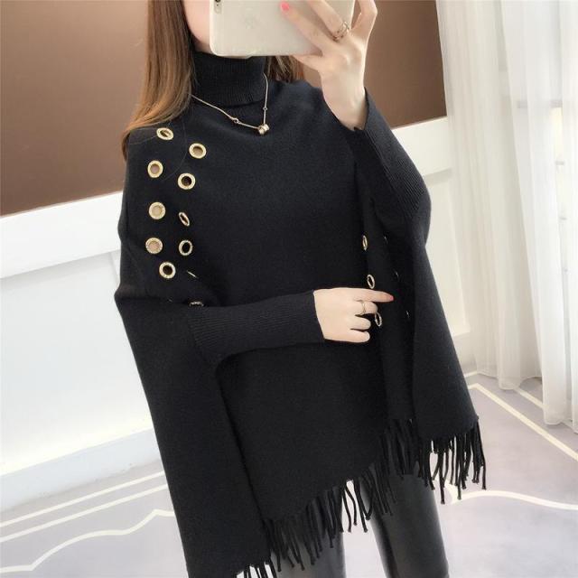 Bat Sleeve Loose Sweater Turtleneck Sweater Women's Hedging Tassel Shawl