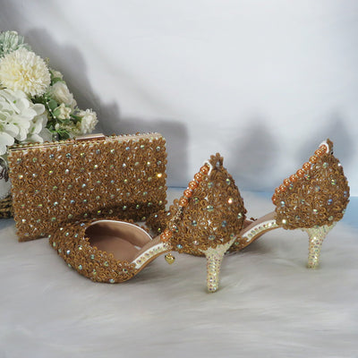 Coffee Lace Flower Wedding Shoes And Bags Set Pearl Pointed Toe Ankle Strap Shoes