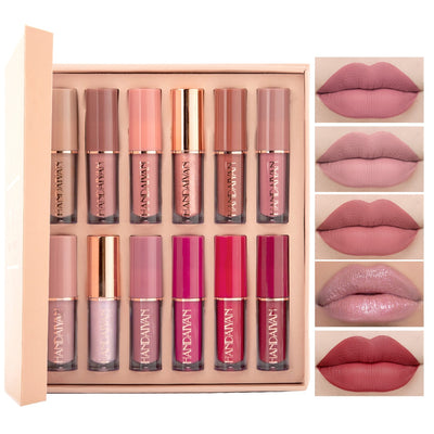 12Pcs/Box Matte Liquid Lipstick + High Shine Transparent Clear Lip Gloss Makeup Set