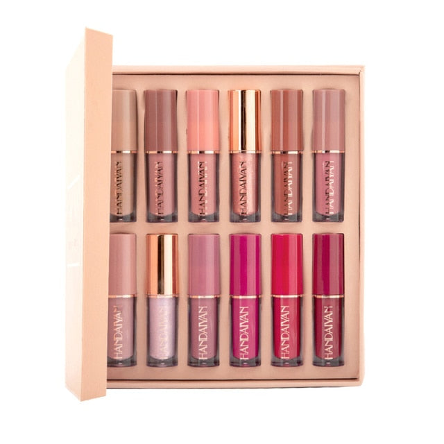 12Pcs/Box Matte Liquid Lipstick + High Shine Transparent Clear Lip Gloss Makeup Set